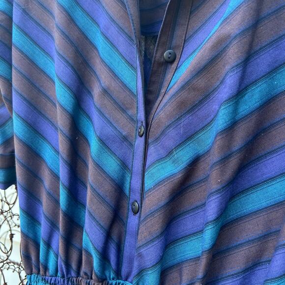 Vintage 80s American Shirt Dress striped V chevron blue gray - Picture 5 of 6